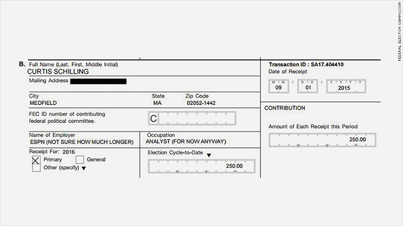 Illustration for article titled Curt Schilling Contributed To Ben Carson Campaign, Joked About Being Fired From ESPN On Donation Form